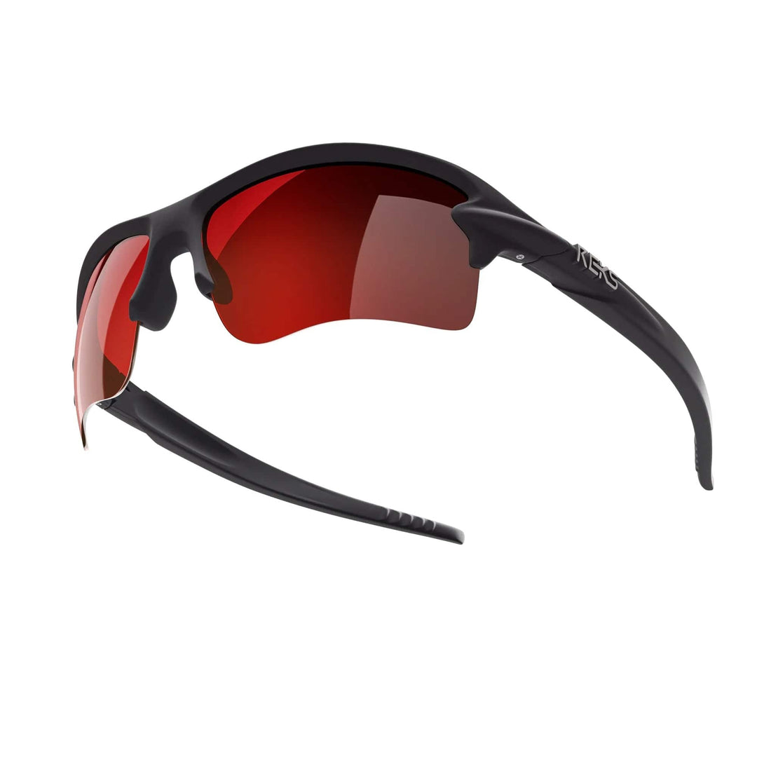 REKS Sling Blade polarized sunglasses with black and red mirror lenses, Trivex® frame, stylish and durable outdoor eyewear.