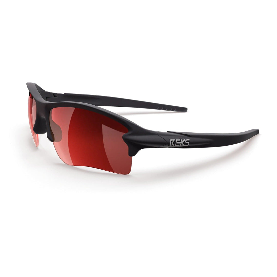 REKS Sling Blade polarized sunglasses in black and red with mirror lenses, three-quarter view showing sleek design and frame details.