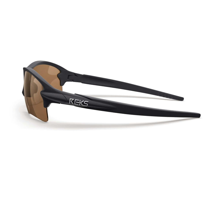 Black Sling Blade polarized sunglasses by REKS® with brown tinted lenses, side view showing sleek design and durable Trivex® material.