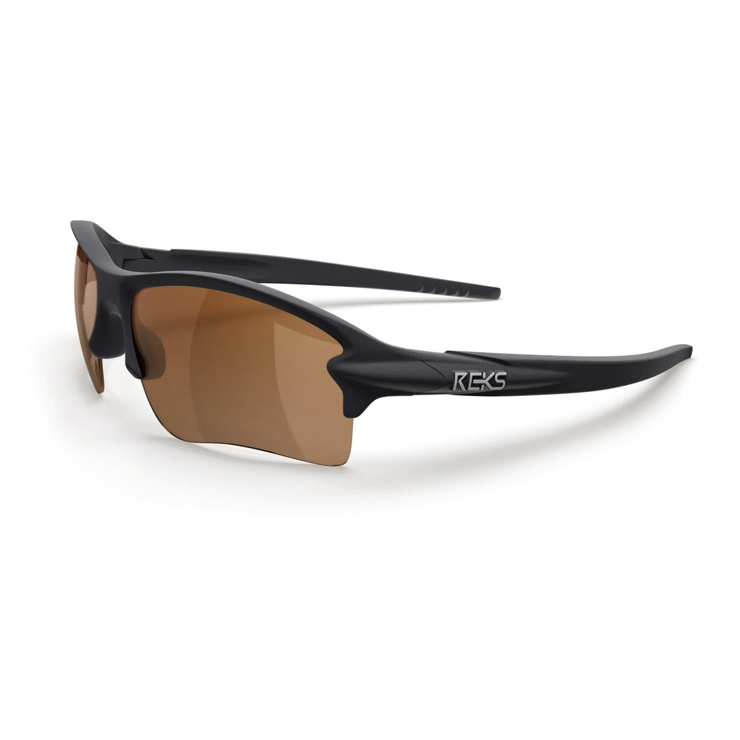 REKS SlingBlade polarized sunglasses in black with brown lenses, three-quarters view showcasing sleek frame design and tinted lenses.