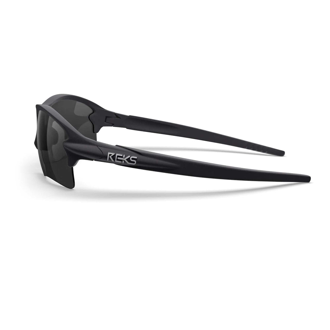 REKS SlingBlade polarized sunglasses with black TINT Smoke lenses, side view showing sleek, modern design and durable Trivex® material.