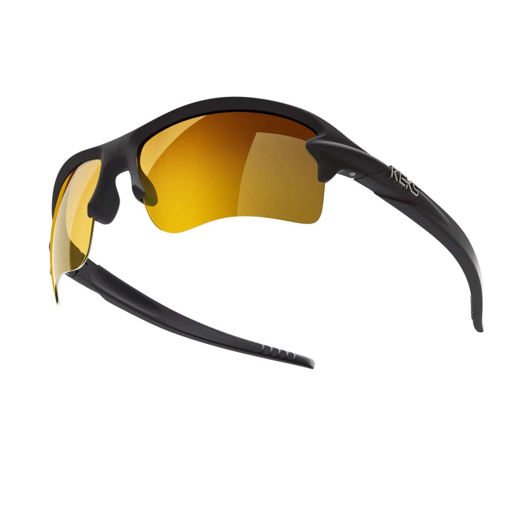 REKS Sling Blade polarized sunglasses in black and gold with mirror lenses, featuring Trivex® material and sleek sling-blade design.
