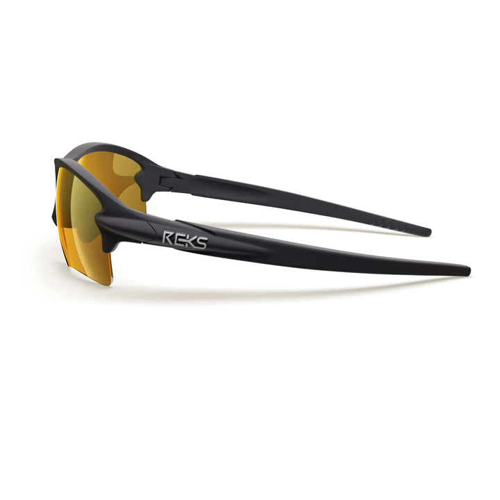 REKS SlingBlade polarized sunglasses in black and gold mirror finish with side lenses, Trivex® material for clear vision.