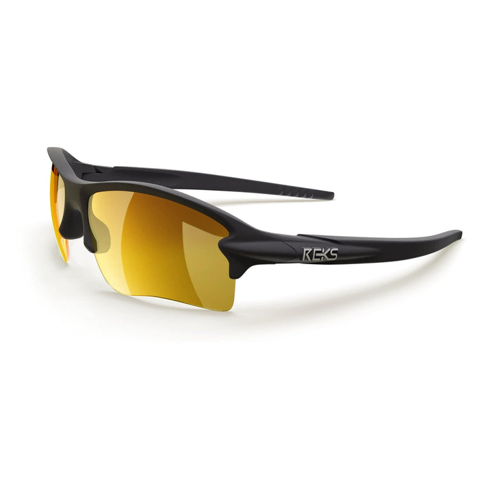 REKS SlingBlade polarized sunglasses with black and gold mirror lenses, three-quarters view, showcasing sleek design and tinted lenses.