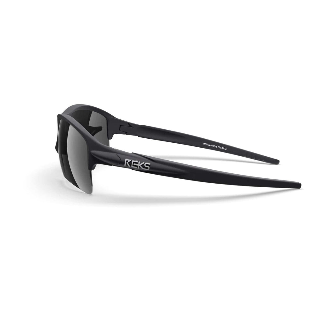 REKS Sling XM polarized sunglasses with black frame and mirror side lenses, featuring Trivex® lenses for durability and clarity.