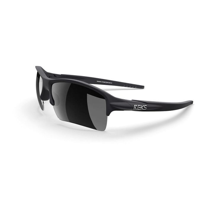 REKS Sling XM polarized sunglasses with black frame and black mirror lenses, three-quarters view showcasing sleek design.