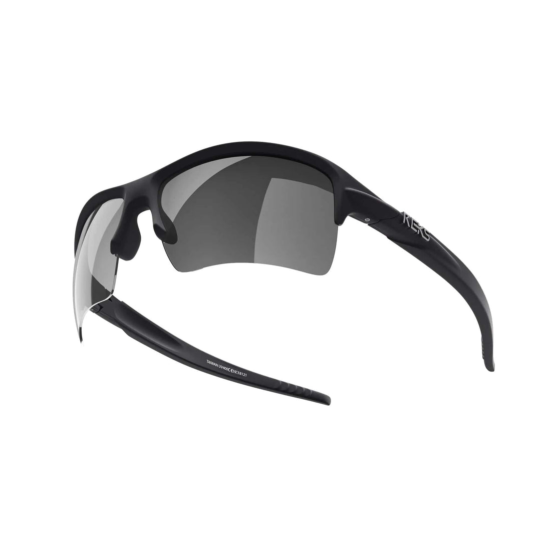 REKS Sling XM polarized sunglasses with black frame and silver mirror lenses, featuring Trivex® lens for durability and clarity.