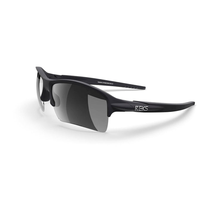 REKS Sling XM polarized sunglasses with black and silver mirror lenses, Trivex® material, three-quarters view