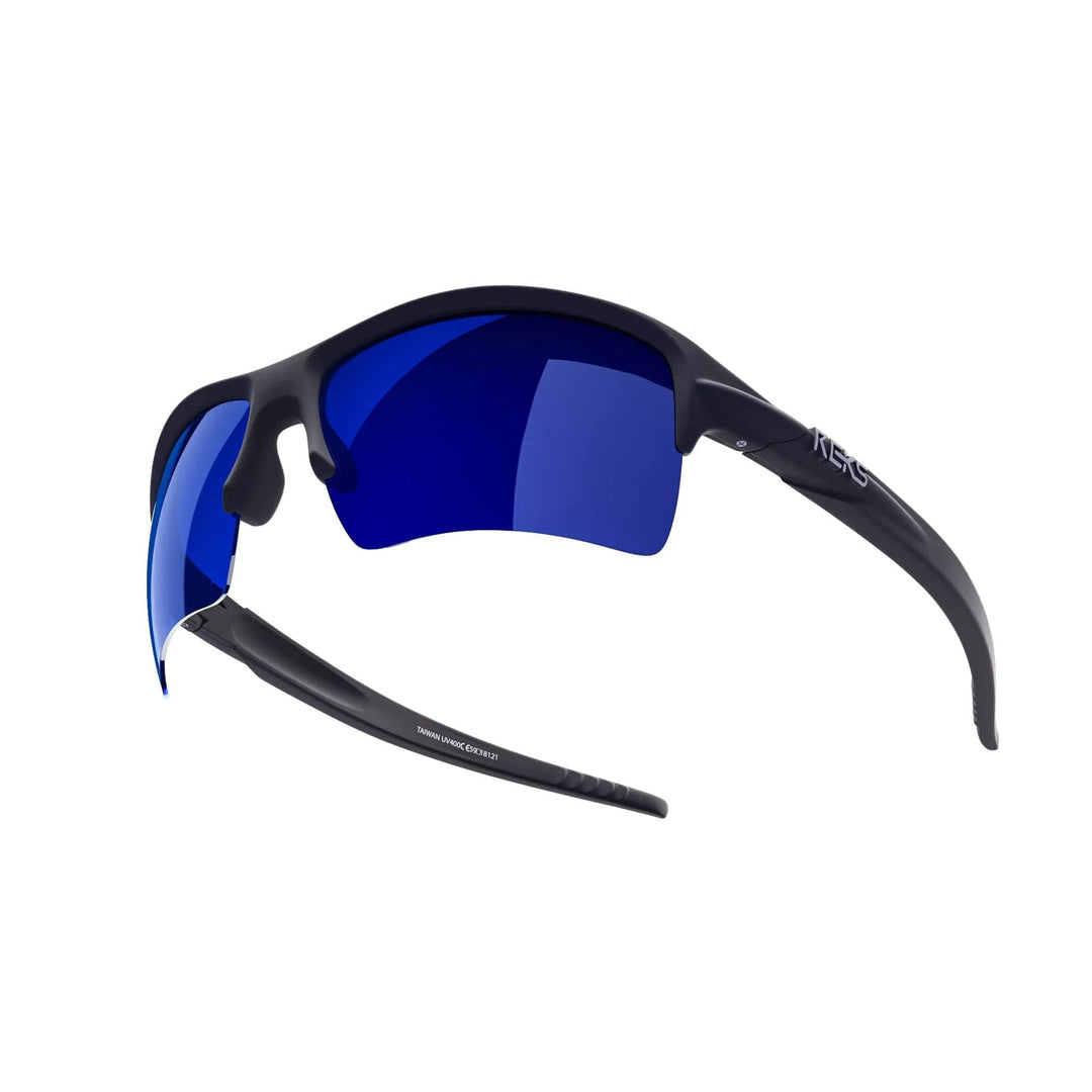 REKS Sling XM polarized sunglasses with black and blue mirror lenses, Trivex® frame, showcasing sleek design and vibrant mirror finish.