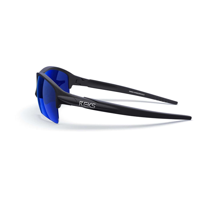 REKS Sling XM polarized sunglasses with black frame and blue mirror lenses, featuring Trivex® material for lightweight durability.