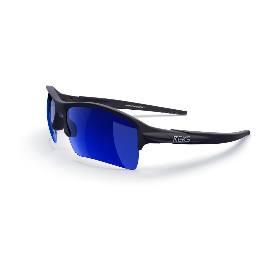 REKS Sling XM polarized sunglasses with black frame and blue mirror lenses, shown from a three-quarter angle.