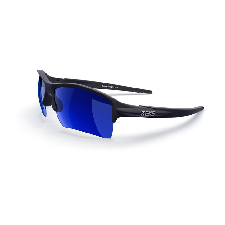 REKS Sling XM polarized sunglasses with black frame and blue mirror lenses, shown from a three-quarter angle.