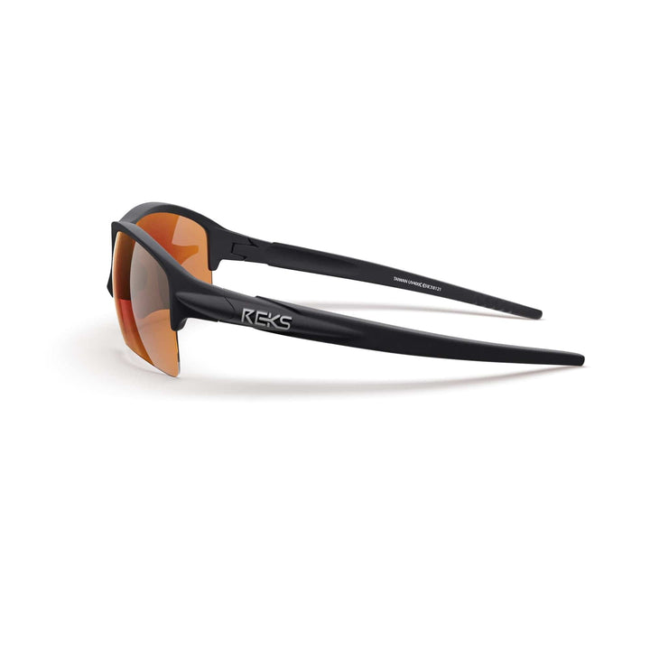 REKS Sling XM polarized sunglasses with black and red mirror lenses, side view showcasing sleek design and lightweight frame.