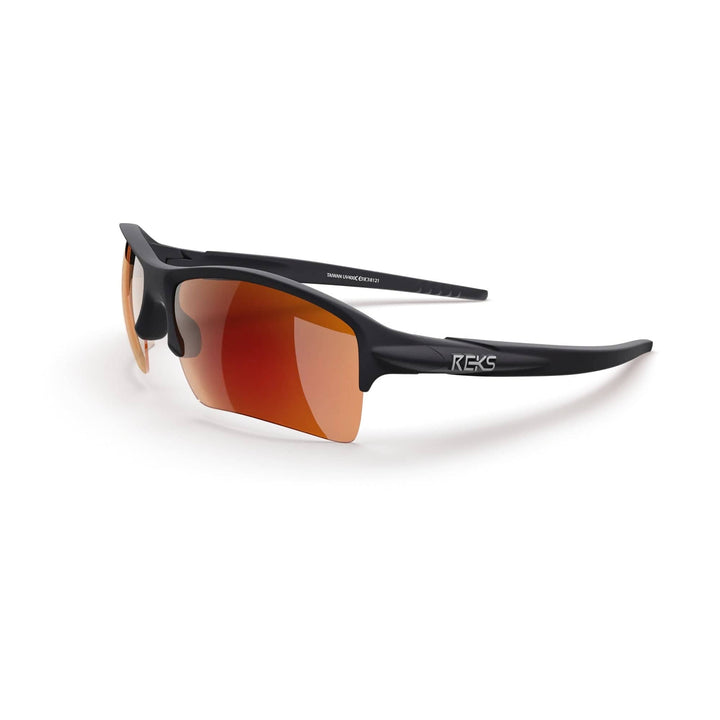 REKS Sling XM polarized sunglasses with black and red mirror lenses, three-quarters view showing durable Trivex® frame.