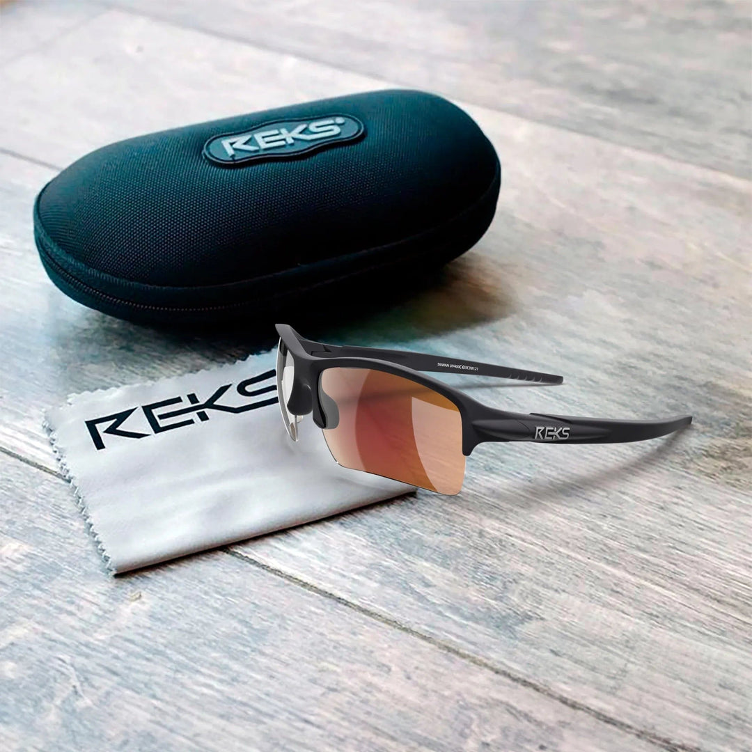 REKS Sling XM polarized sunglasses with Trivex lenses in a red case, showcasing sleek design and durable construction.