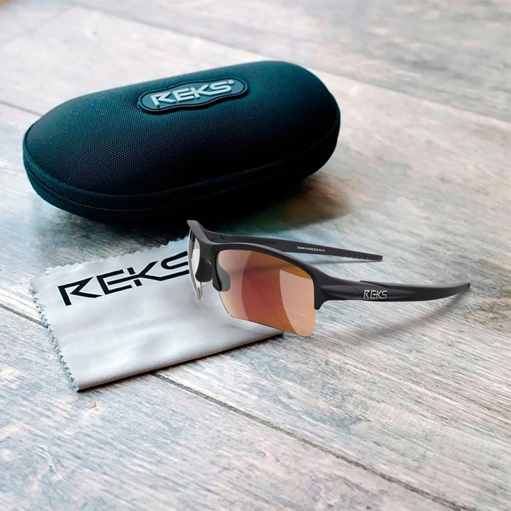 REKS Sling XM polarized sunglasses with Trivex lenses in a red case, showcasing sleek design and durable construction.