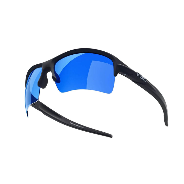 REKS Sling XM polarized sunglasses with black frame and cobalt blue mirror lenses, made with Trivex® material.