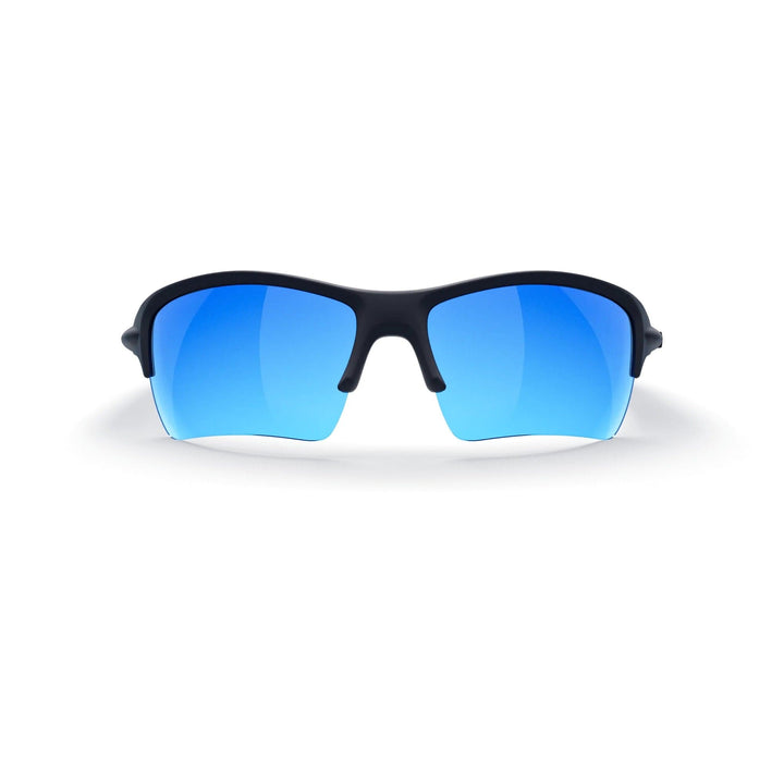 REKS Sling XM polarized sunglasses with black frame and cobalt blue mirrored lenses, front view showcasing stylish design.