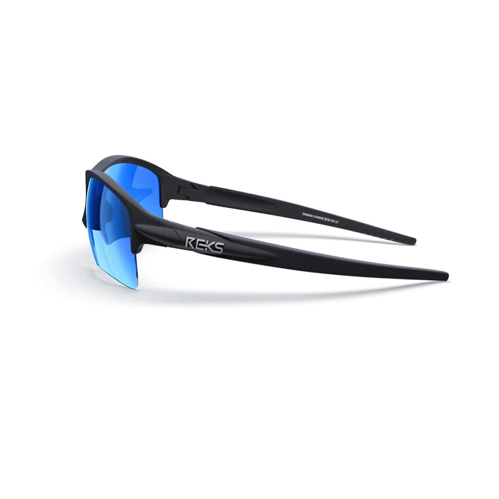 REKS Sling XM polarized sunglasses with black frame and cobalt blue mirror lenses, side view showcasing sleek design.