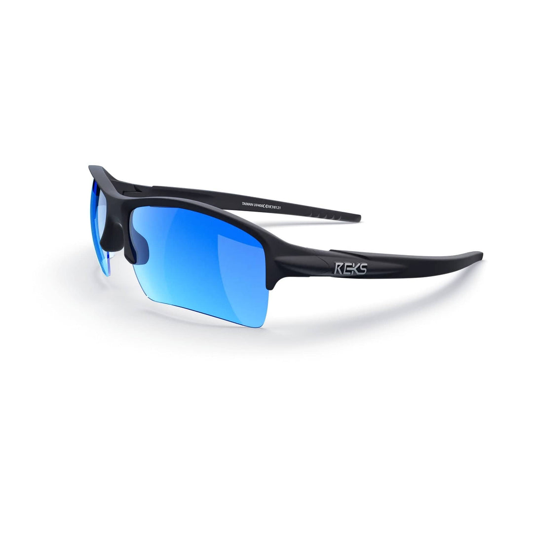 REKS Sling XM polarized sunglasses with black frame and cobalt blue mirror lenses, three-quarter view showing sleek design.