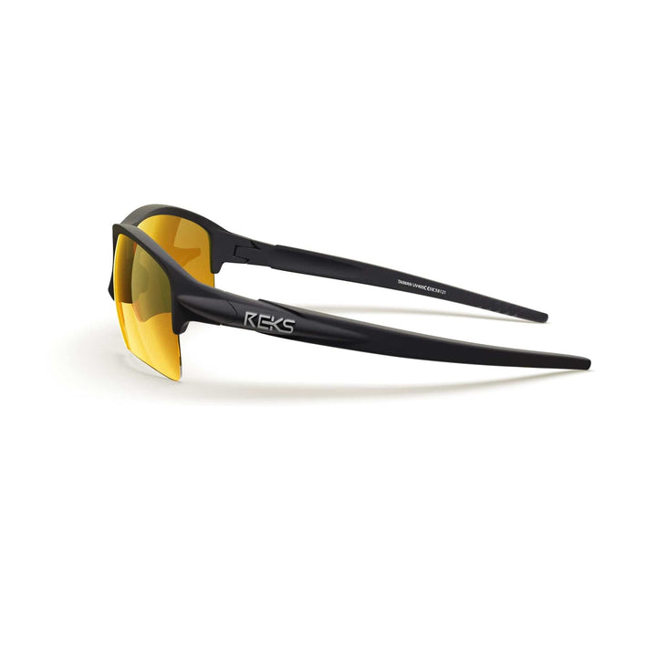 REKS Sling XM polarized sunglasses with black frame and gold mirror lenses, showcasing side view of the SlingBlade-XM model.