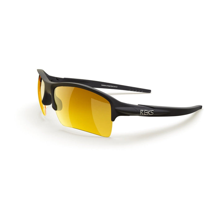 REKS Sling XM polarized sunglasses with black frame and gold mirror lenses, shown from a three-quarters angle.