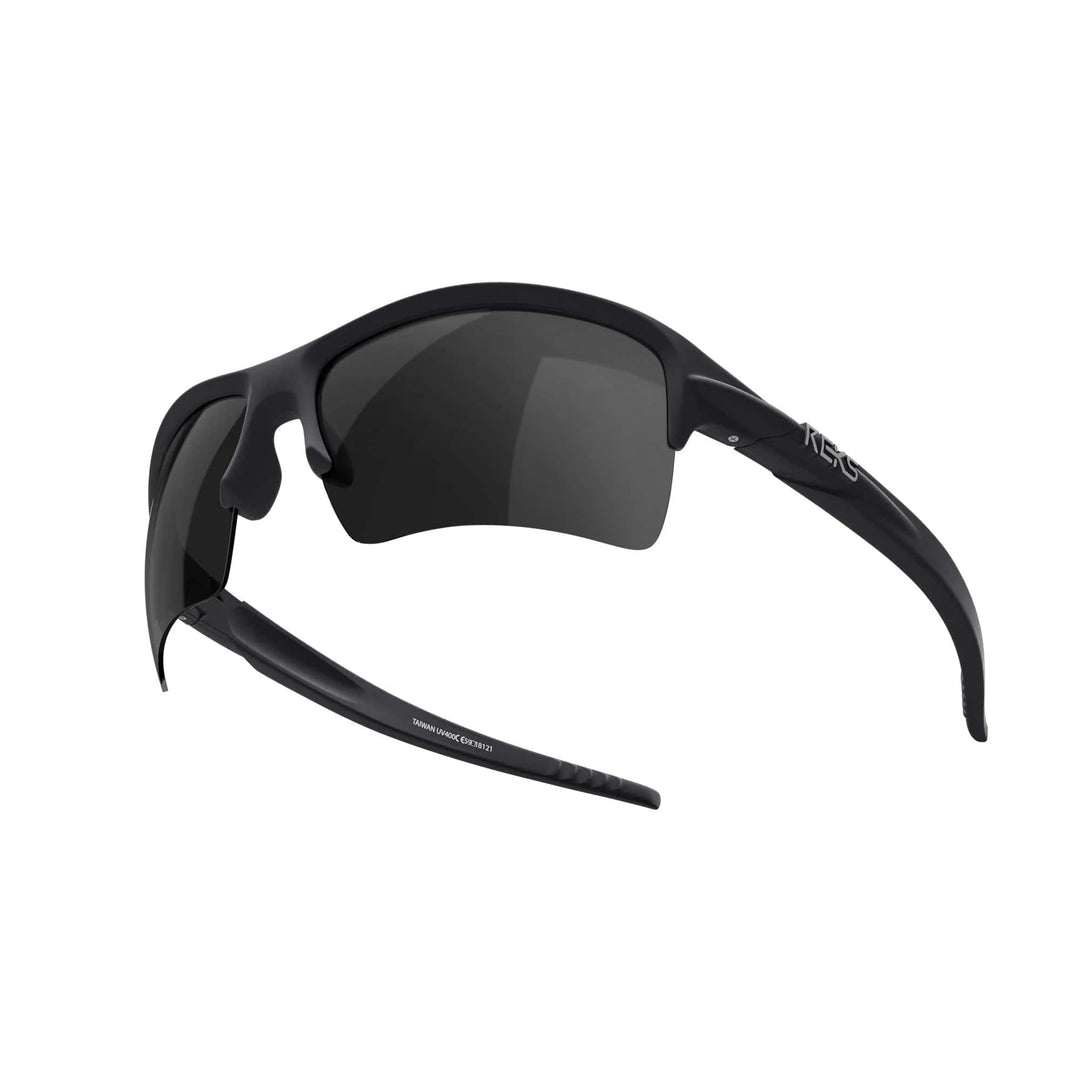 REKS Sling XM polarized sunglasses with smoke tinted lenses, black frame, lightweight design, and Trivex® lenses for clear vision.