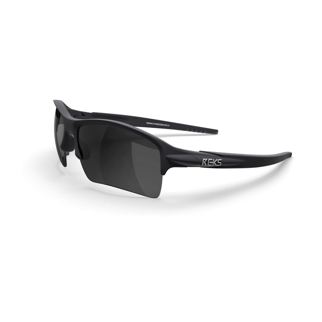 REKS Sling XM polarized sunglasses with black frame and smoke tinted lenses, shown in three-quarter view.
