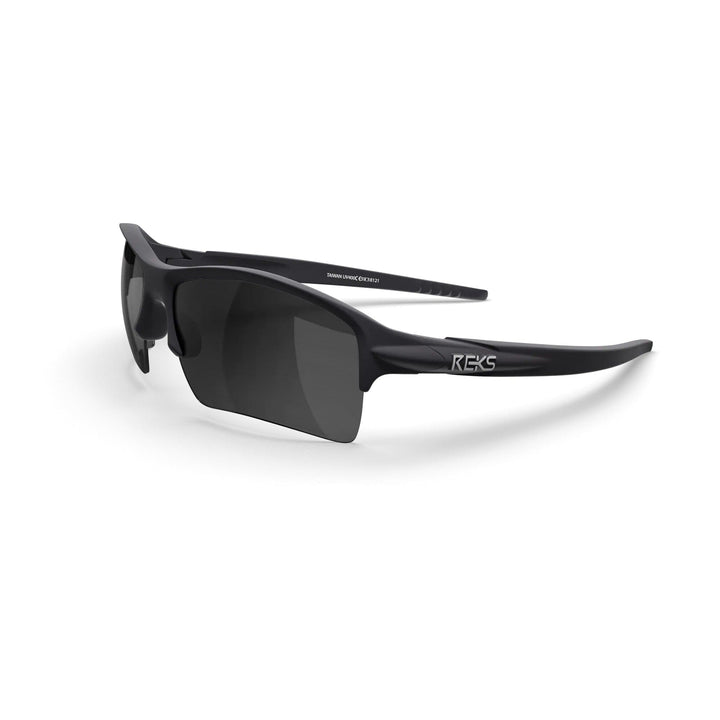 REKS Sling XM polarized sunglasses with black frame and smoke tinted lenses, shown in three-quarter view.