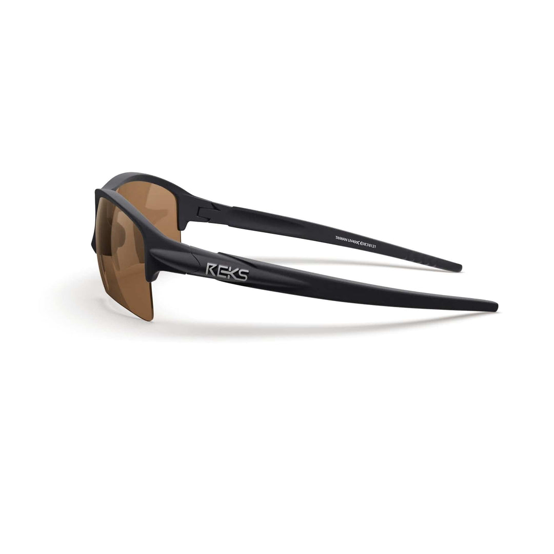 Black Sling XM polarized sunglasses by REKS® with tinted brown lenses, side view showing sleek design and frame details.