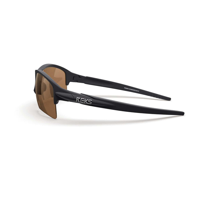 Black Sling XM polarized sunglasses by REKS® with tinted brown lenses, side view showing sleek design and frame details.