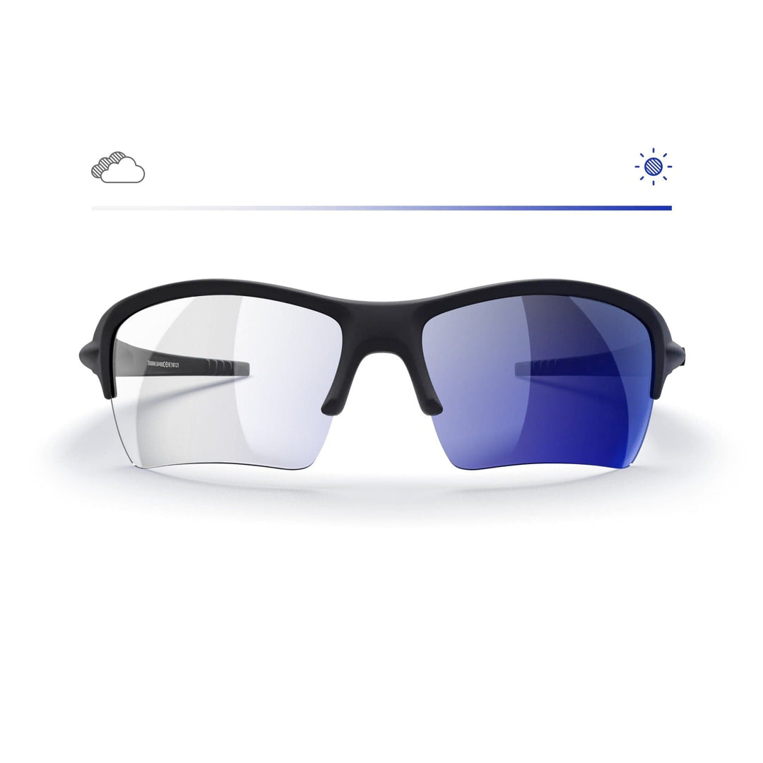 REKS Sling XM Transitions® sunglasses with black and blue mirrored lenses, featuring transition lens technology and stylish design.