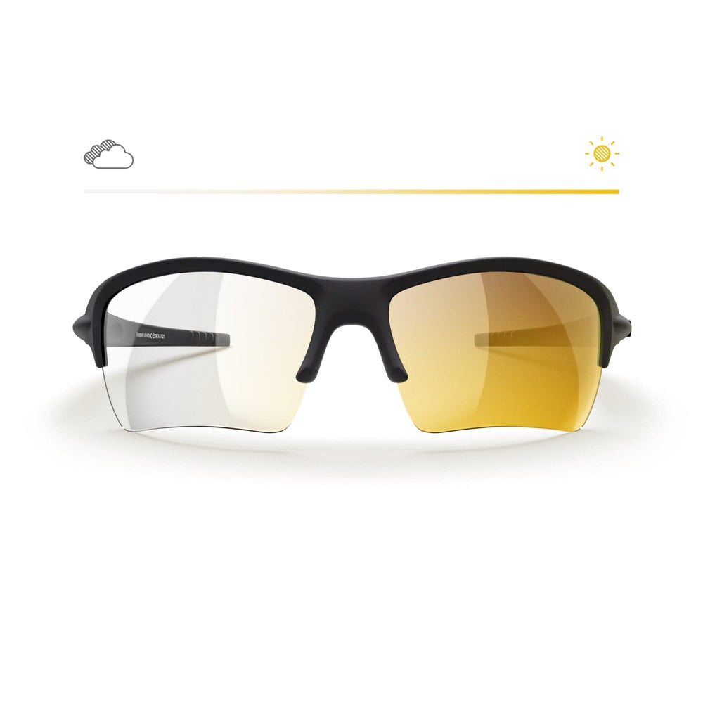 REKS Sling XM Transitions® sunglasses with black frame and gold mirror lenses, featuring transition lens technology.