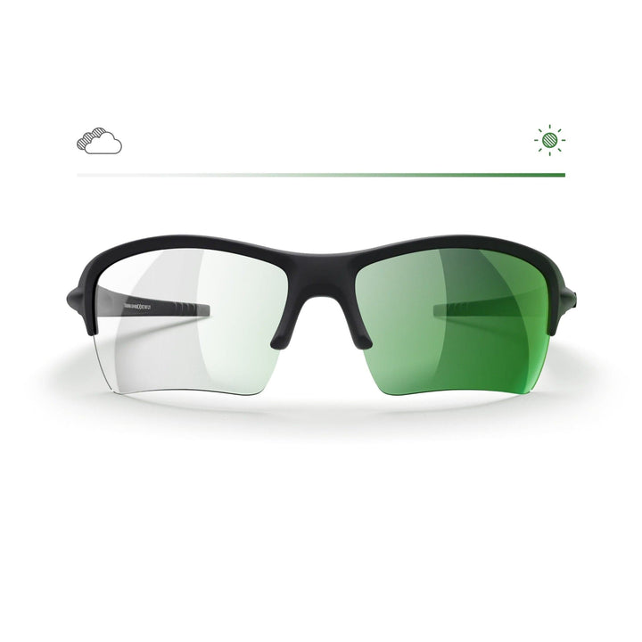 REKS Sling XM Transitions® Prescription Sunglasses with black frame and green mirror lenses, featuring transition lens technology.