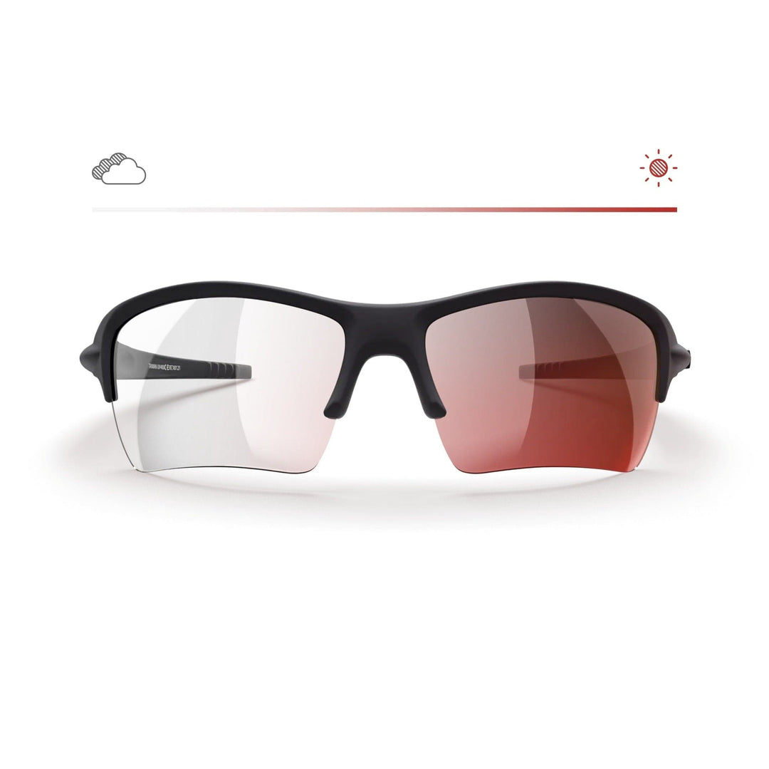 REKS Sling XM Transitions® sunglasses with black and red mirror lenses, featuring transition lenses and a stylish sling design.