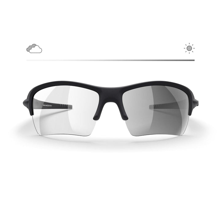 Black and silver REKS Sling XM Transitions® sunglasses with mirrored lenses, featuring a sleek front view of the SlingBlade-XM model.