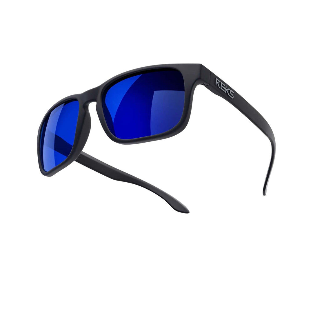 REKS® Sport polarized sunglasses with black and blue mirror lenses, Trivex® material, designed for active sport use.