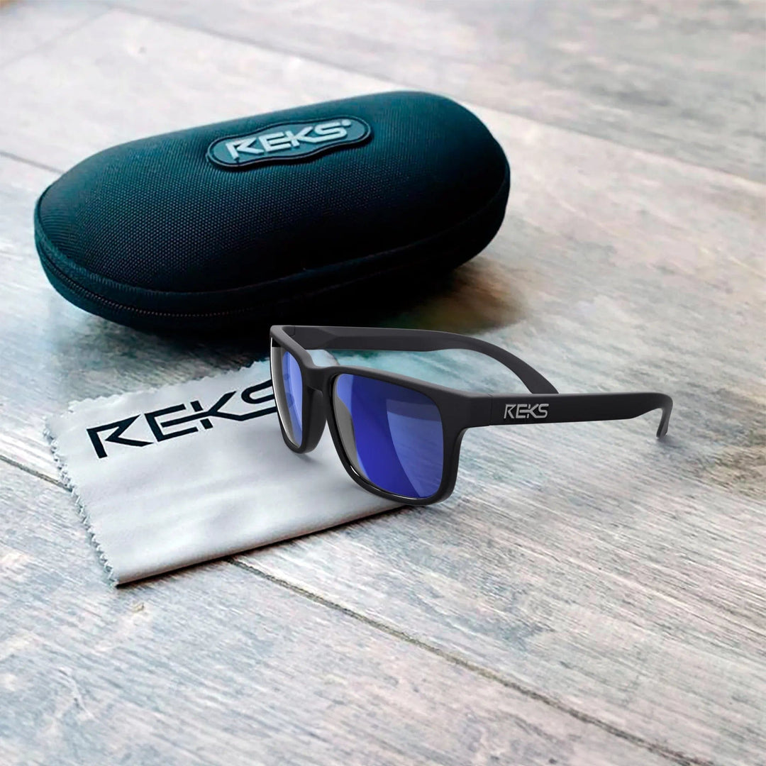 Blue case for REKS® Sport Polarized Trivex® sunglasses, compact and protective accessory for outdoor sports eyewear.