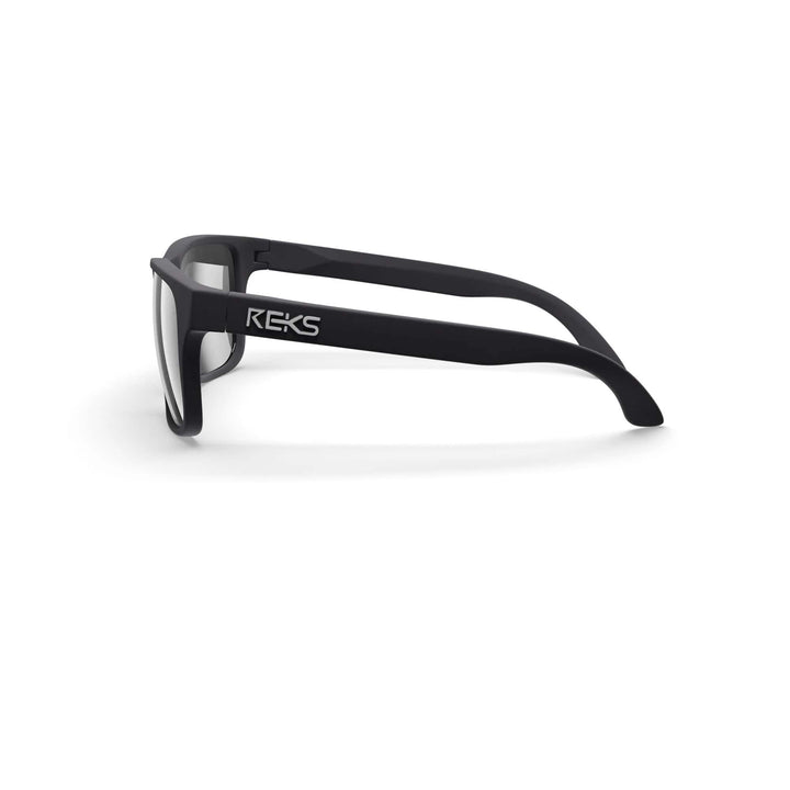 Reks® sport polarized sunglasses with black and silver mirror lenses, Trivex® frames, side view showing sporty design.
