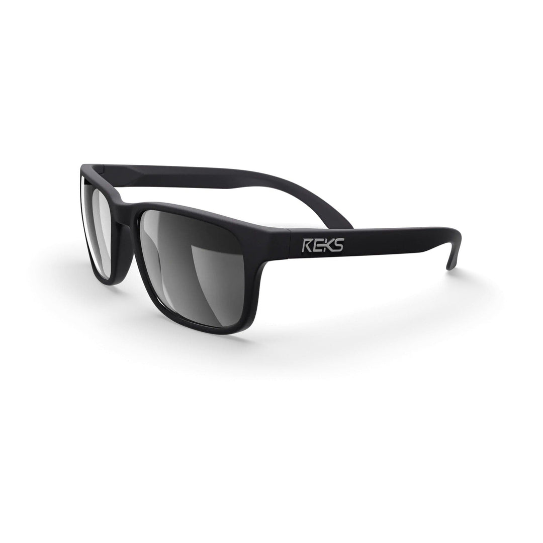 REKS® Sport polarized sunglasses in black and silver with mirror lenses, shown from three-quarter angle.