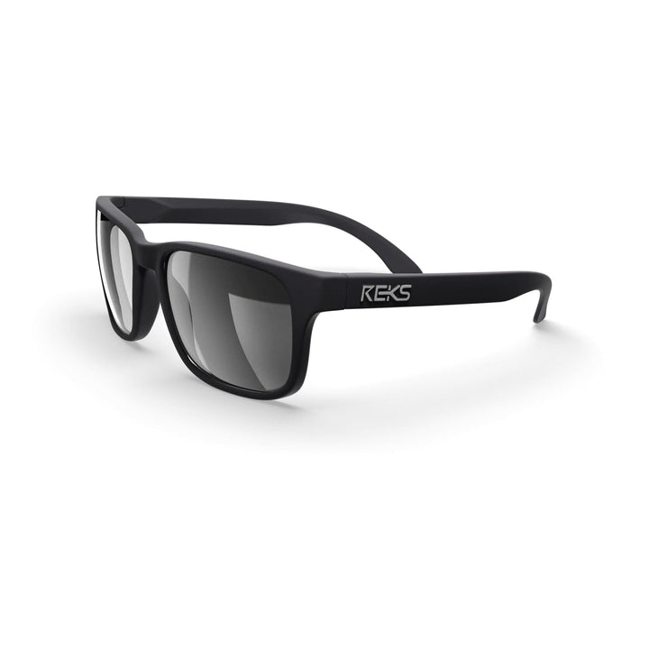 REKS® Sport polarized sunglasses in black and silver with mirror lenses, shown from three-quarter angle.