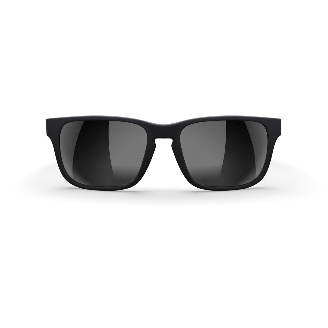 Black sport sunglasses with polarized Trivex® lenses and mirrored finish, featuring a sleek frame design by REKS®.