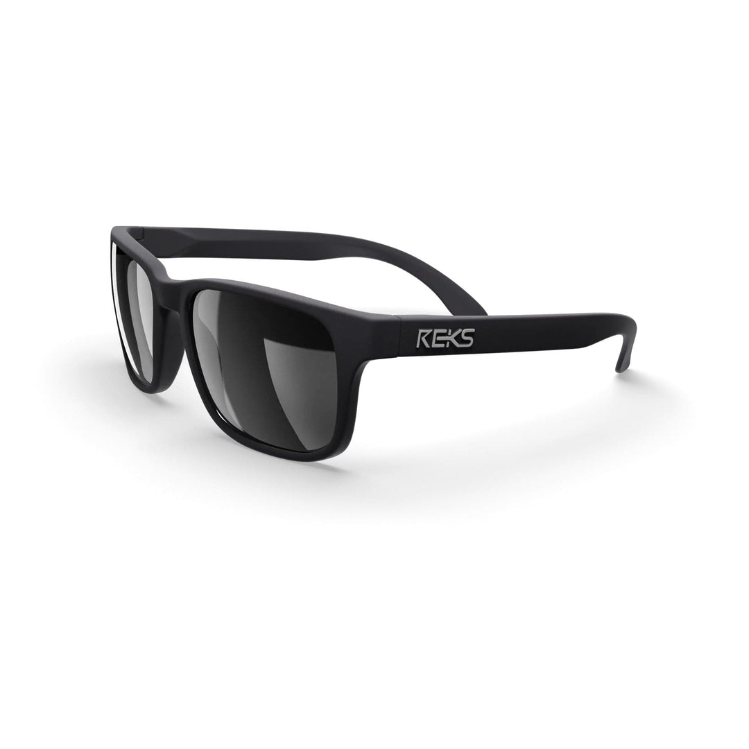 REKS® Sport polarized sunglasses with black frames and mirrored lenses, shown from a three-quarter view.