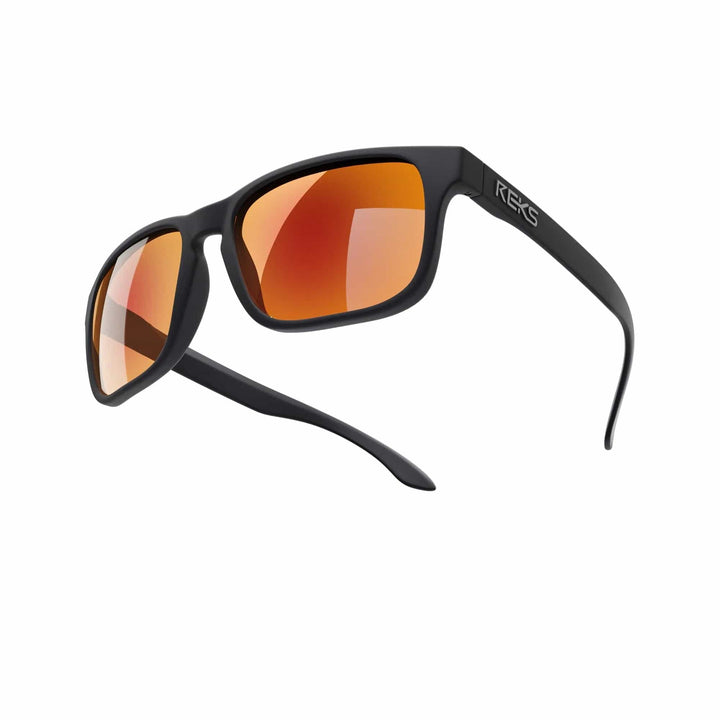 REKS® sport polarized sunglasses with black and red mirrored Trivex lenses, designed for active sports and outdoor activities.