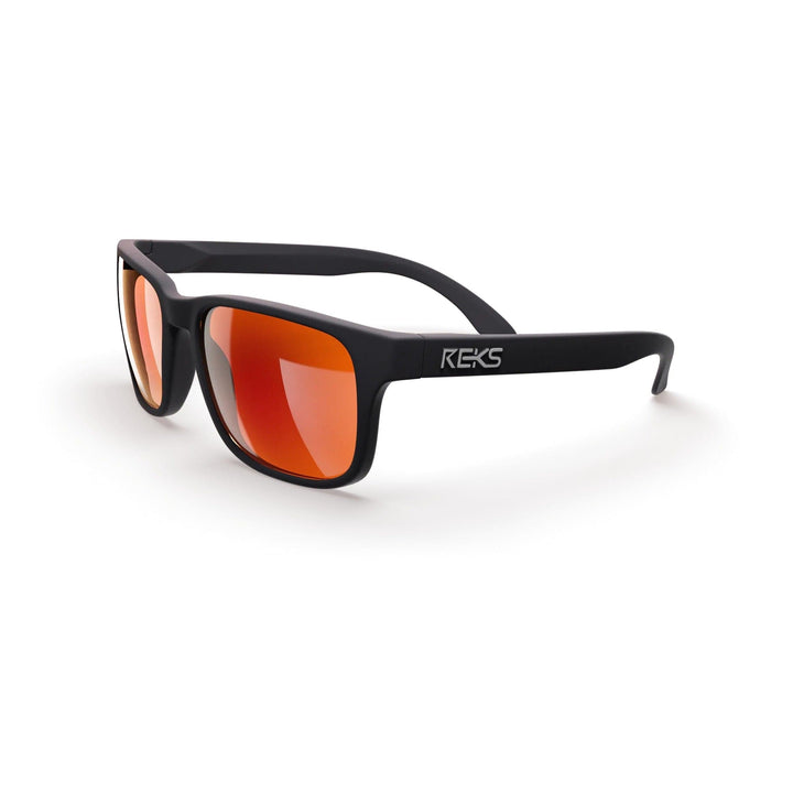 REKS® Sport polarized sunglasses with black and red frame, mirrored lenses, and a three-quarters view.