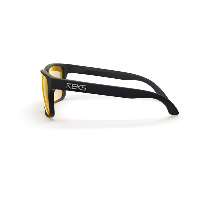 REKS® Sport polarized sunglasses with black frames, gold mirror lenses, and side protection for active outdoor sports.