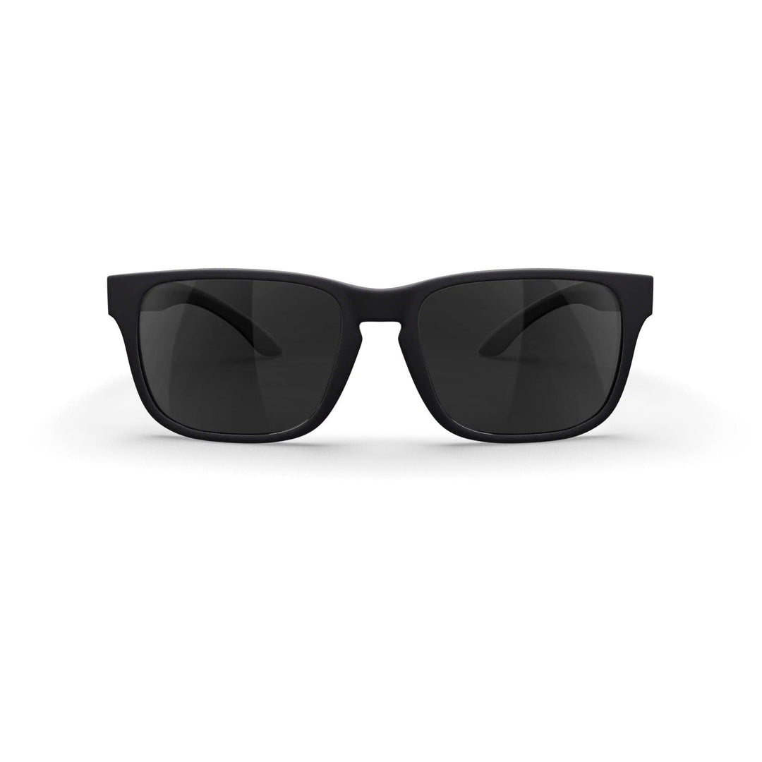 REKS® Sport Polarized Trivex® sunglasses with black smoke tinted lenses, front view showing sporty design and frame details.