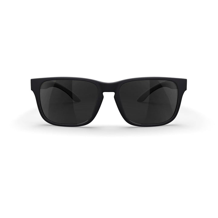 REKS® Sport Polarized Trivex® sunglasses with black smoke tinted lenses, front view showing sporty design and frame details.