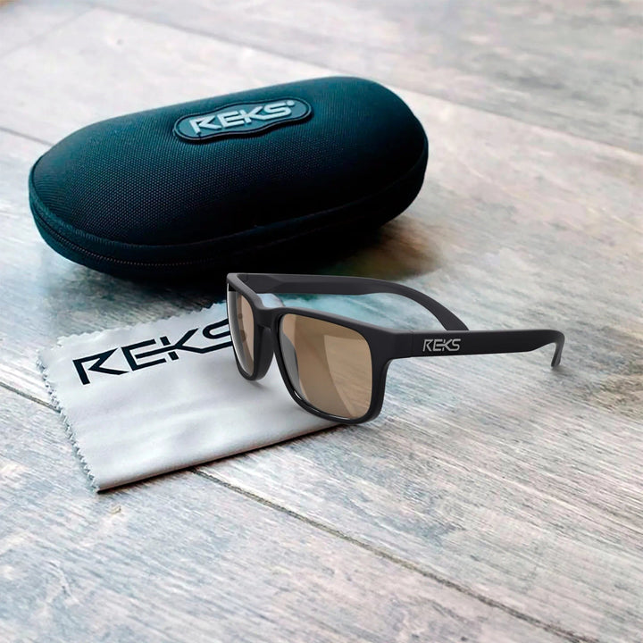 REKS® sport polarized Trivex® sunglasses case in black, with a sleek design and secure closure for eyewear protection.