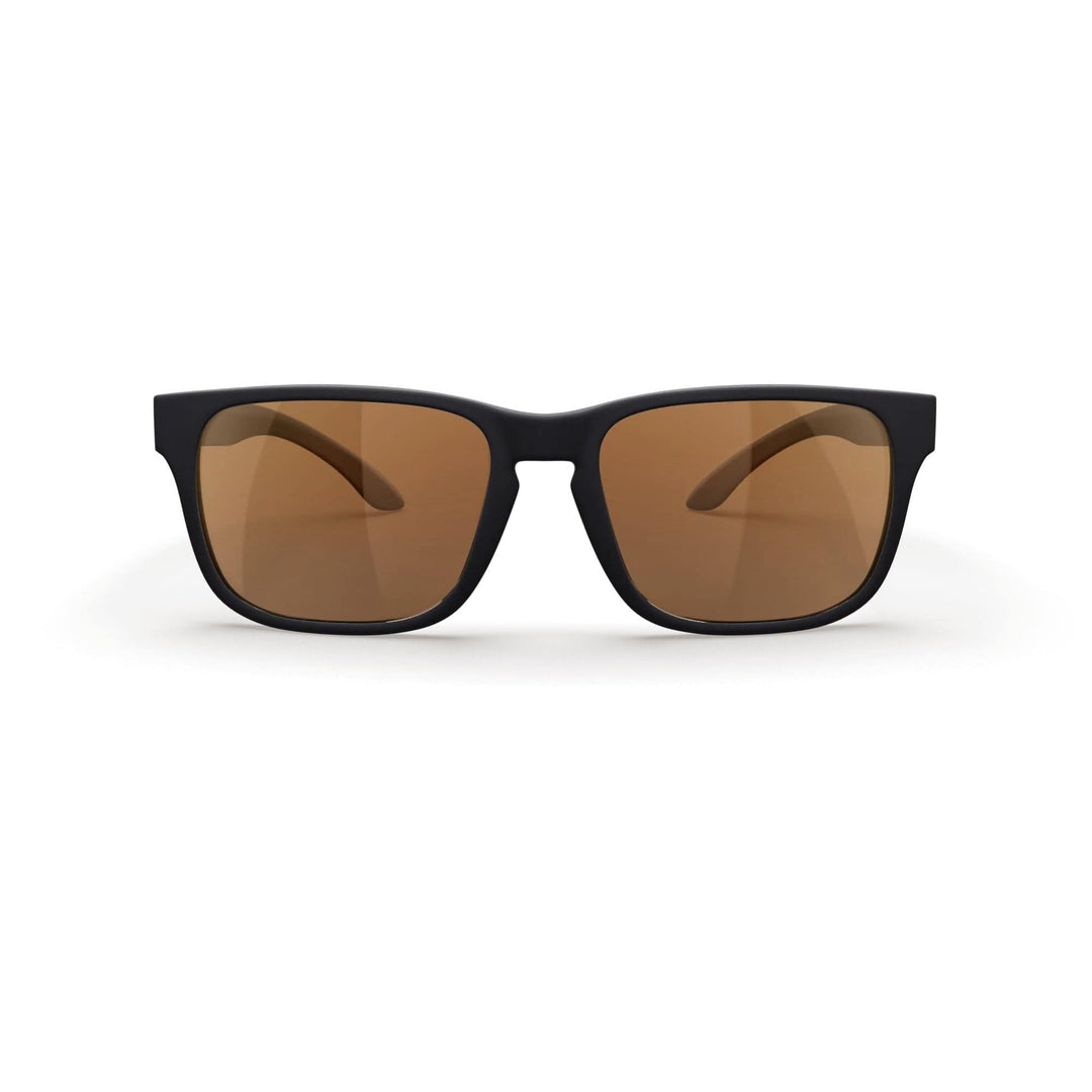 REKS® Sport Polarized Trivex sunglasses with black frames and brown tinted lenses, front view showcasing sporty design.